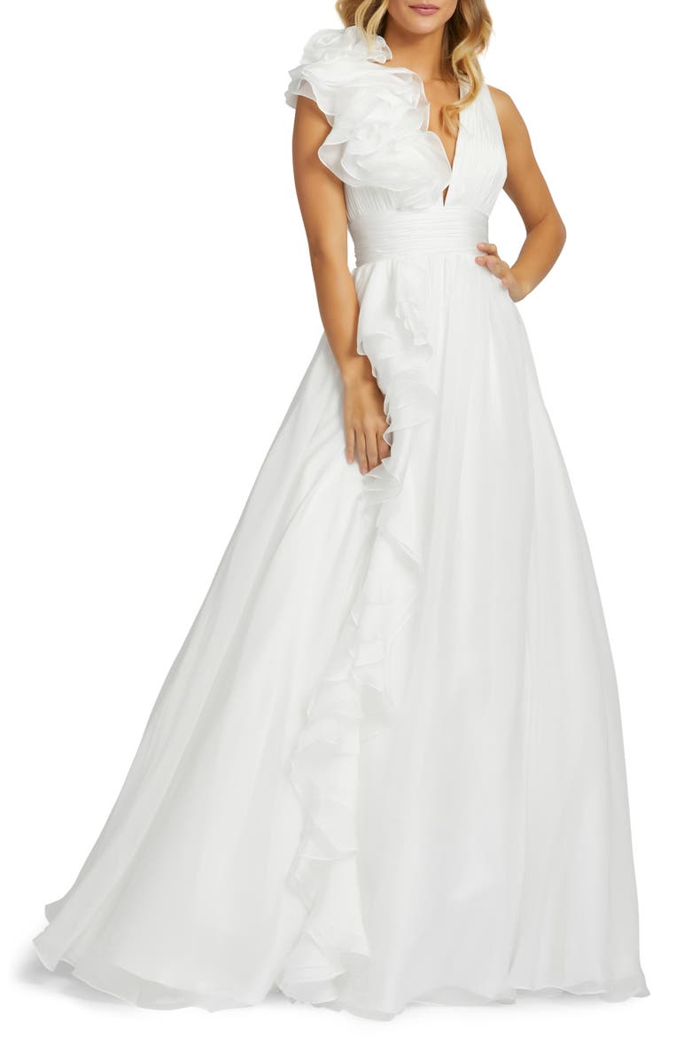 Ruffle Shoulder V-Neck Chiffon Gown, Main, color, WHITE