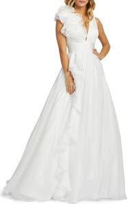 Mac Duggal Ruffle Shoulder V-Neck Chiffon Gown