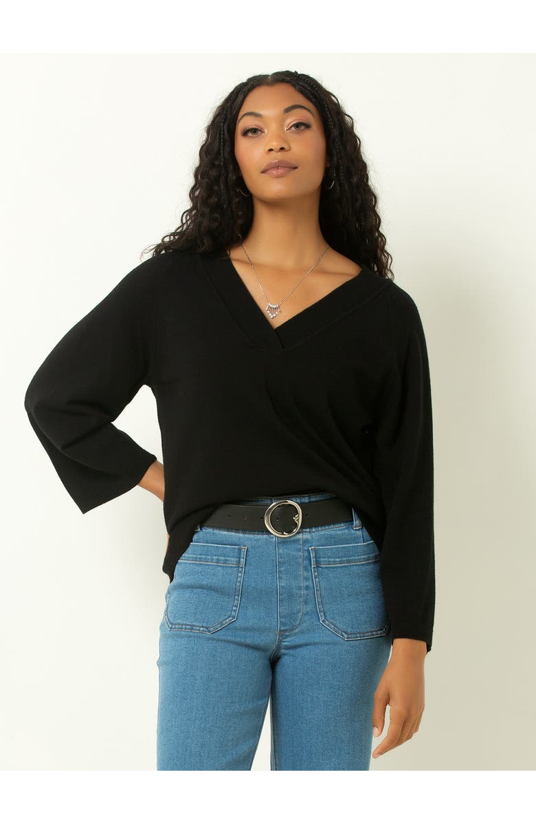Single Stitch Drop Shoulder V-Neck Sweater, Main, color, Black