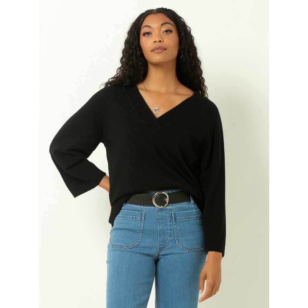 Single Stitch Drop Shoulder V-neck Sweater, Deep Taupe, Relaxed Fit Bell Sleeves In Black