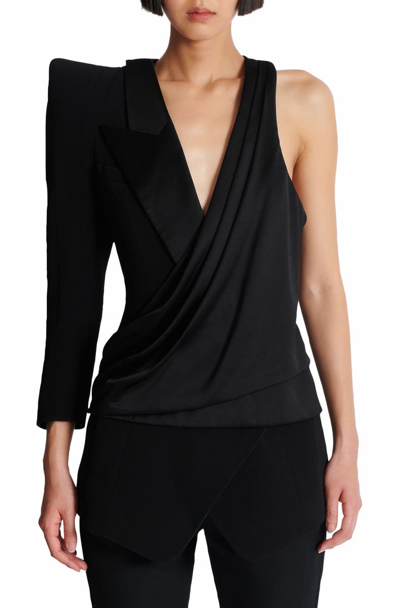 Balmain Asymmetric Jacket With Structured Shoulder, Alternate, color, Black