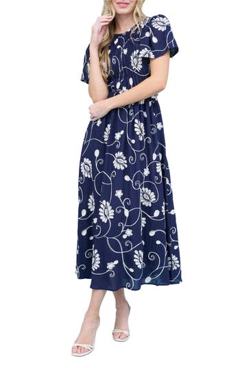 August Sky Embroidered Smocked Short Sleeve Maxi Dress In Navy