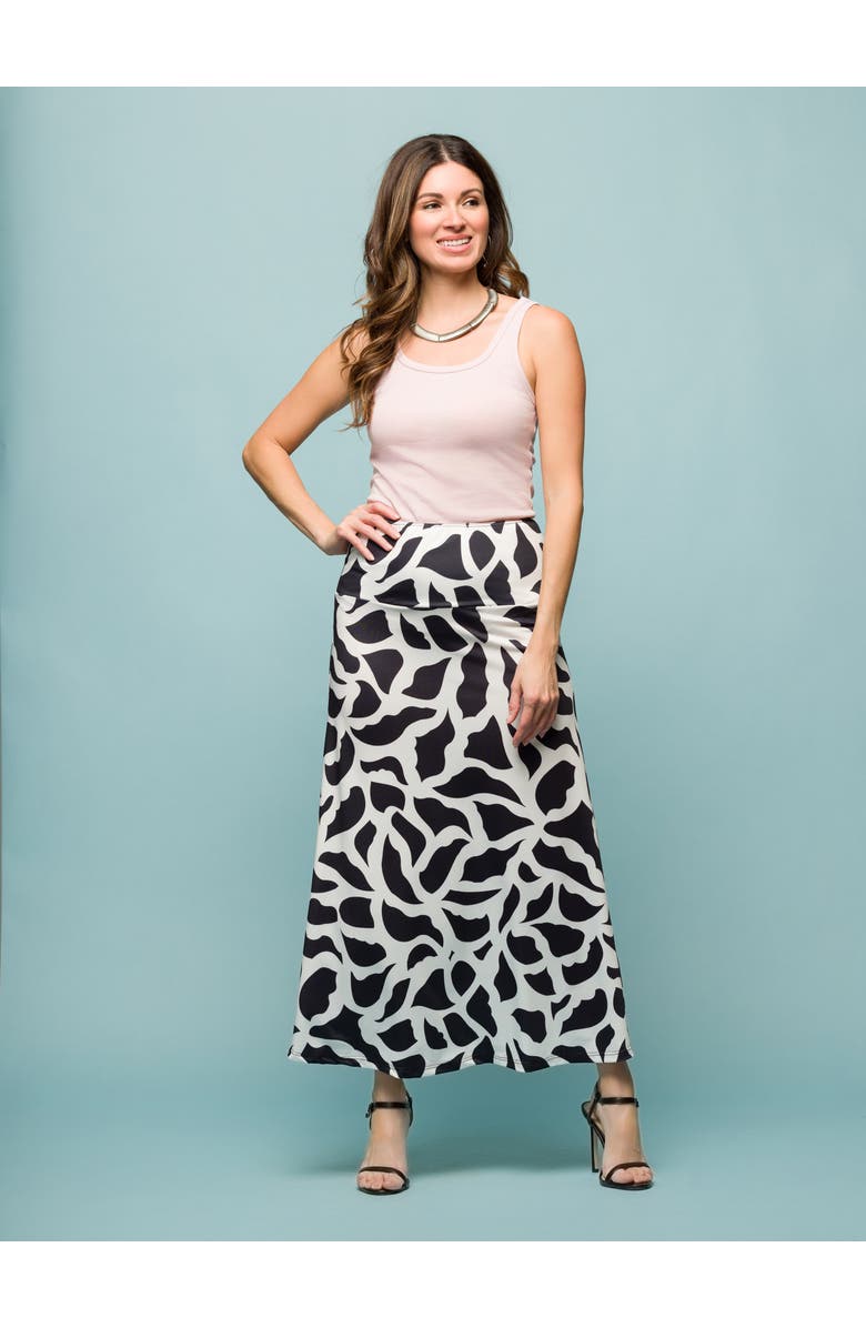 24seven Comfort Apparel Print Elastic Waist A-LINE Maxi Skirt, Alternate, color, Black Multi