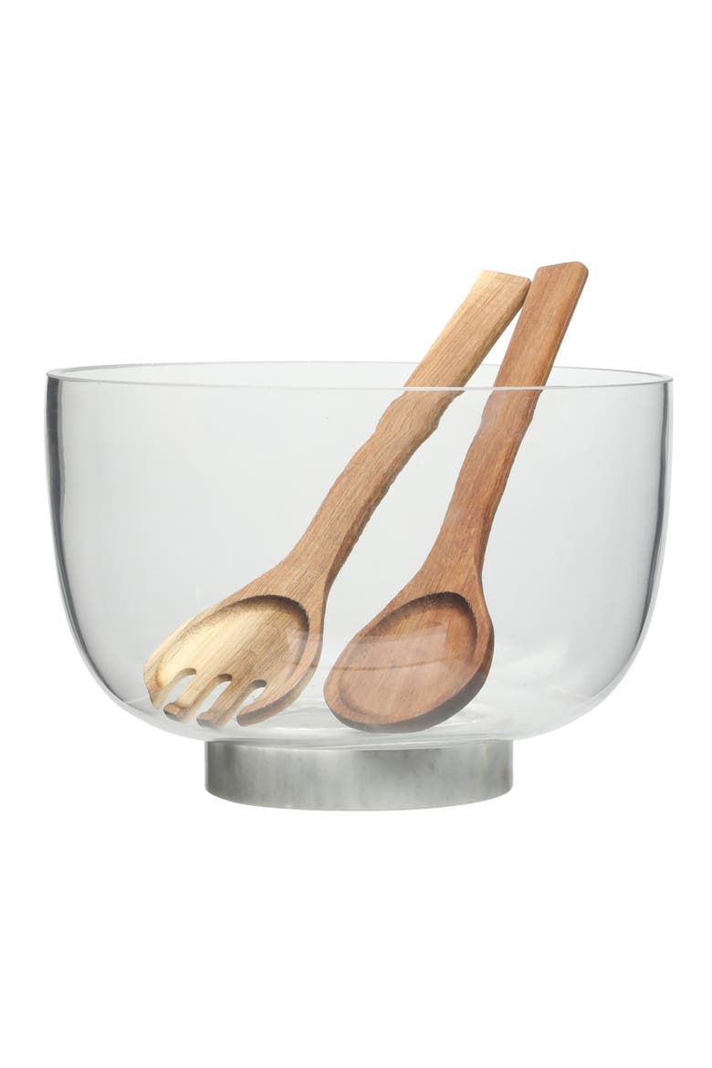 Wildgreens Glass Salad Bowl Set with Marble Base and Acacia Utensils, Main, color, clear