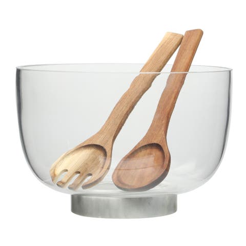 Wildgreens Glass Salad Bowl Set with Marble Base and Acacia Utensils