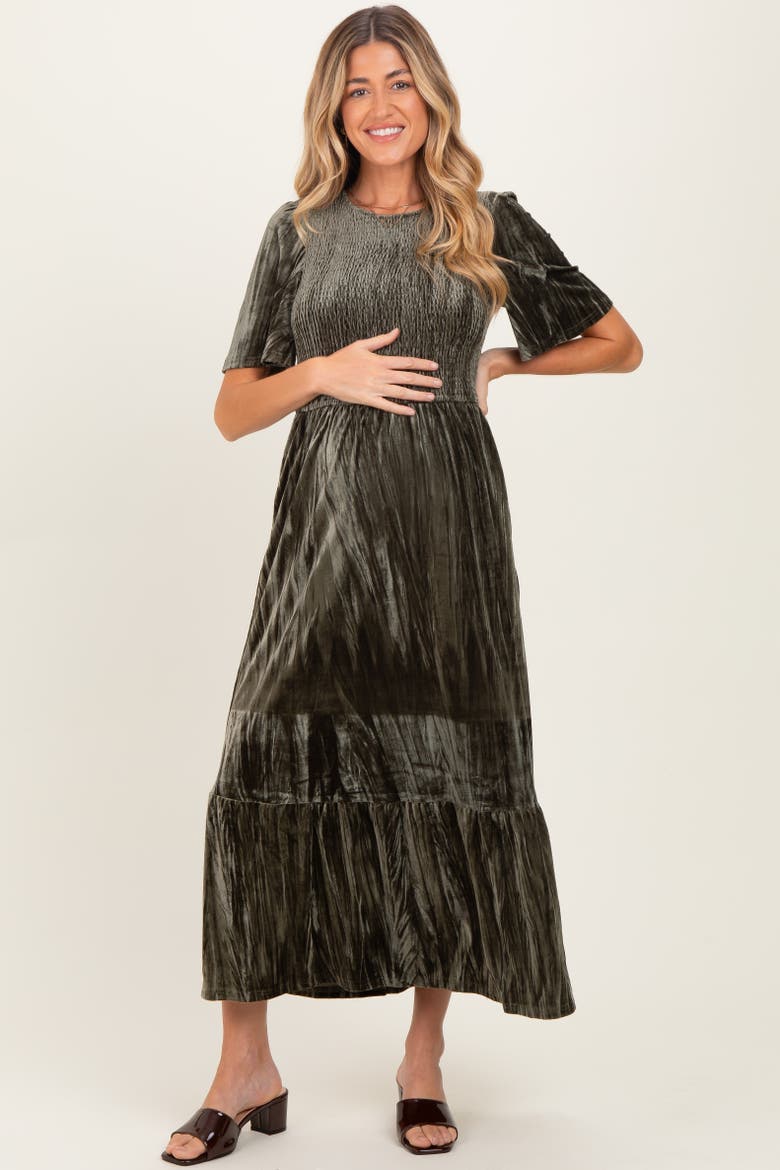 Smocked Velvet MIdi Dress, Alternate, color, Olive Green