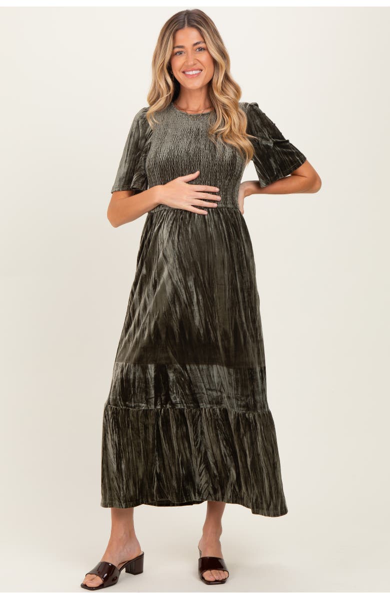 PinkBlush Smocked Velvet MIdi Dress, Alternate, color, Olive Green