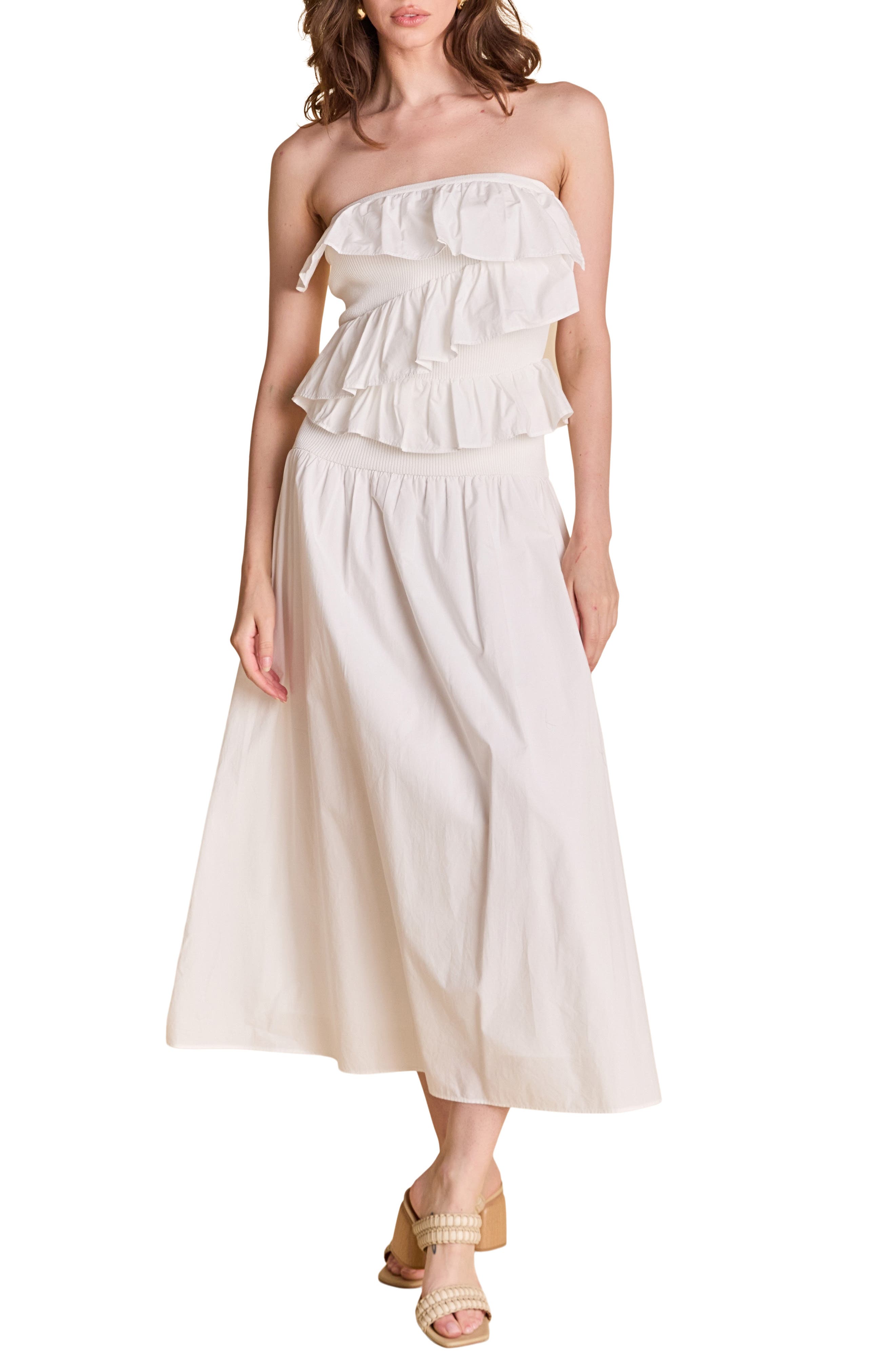 Mixed Media Ruffle Strapless Maxi Dress