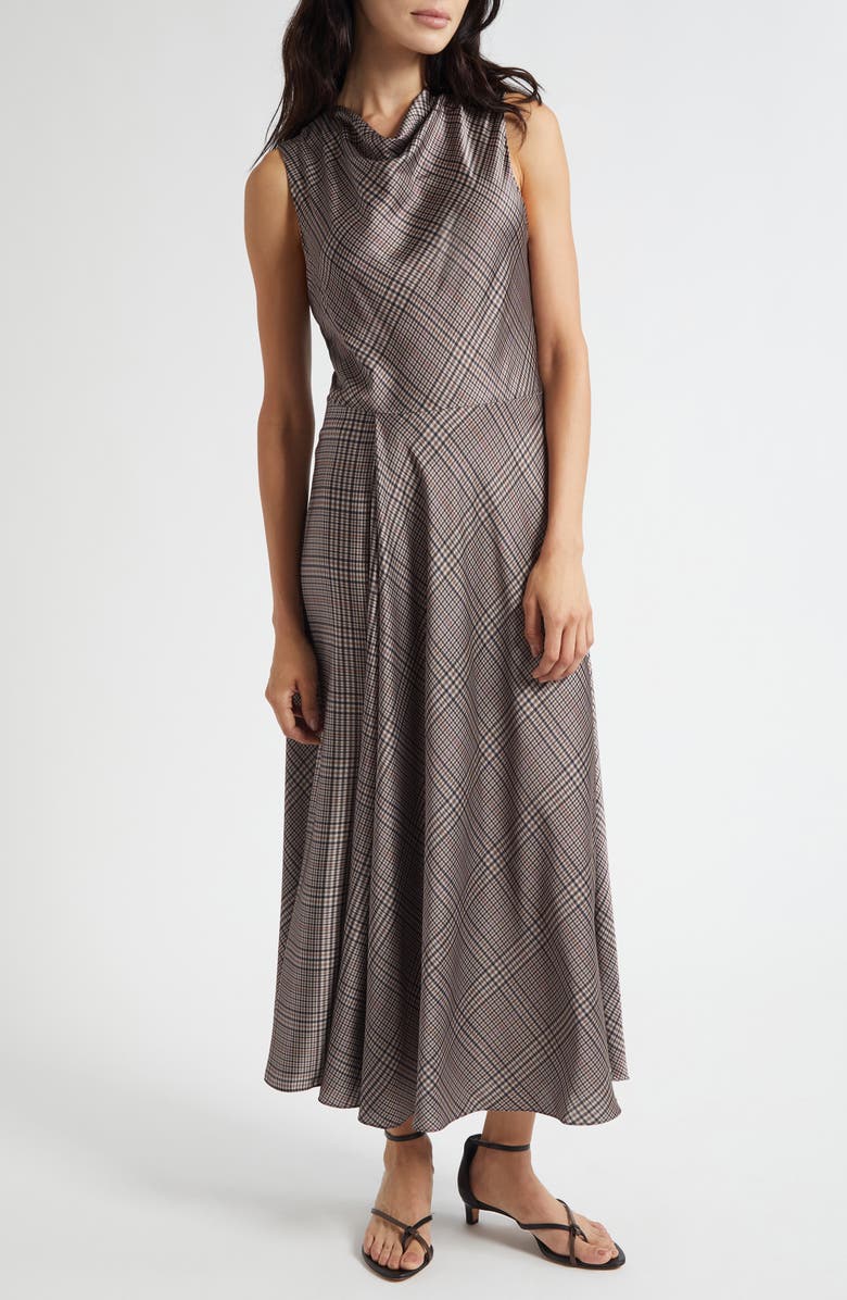 Vince Pressed Plaid Cowl Neck Maxi Dress, Alternate, color, Brown Multi Plaid