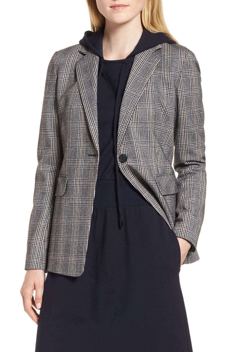 Elbow Patch Plaid Stretch Wool Jacket, Main, color, BLACK- BROWN GLEN PLAID