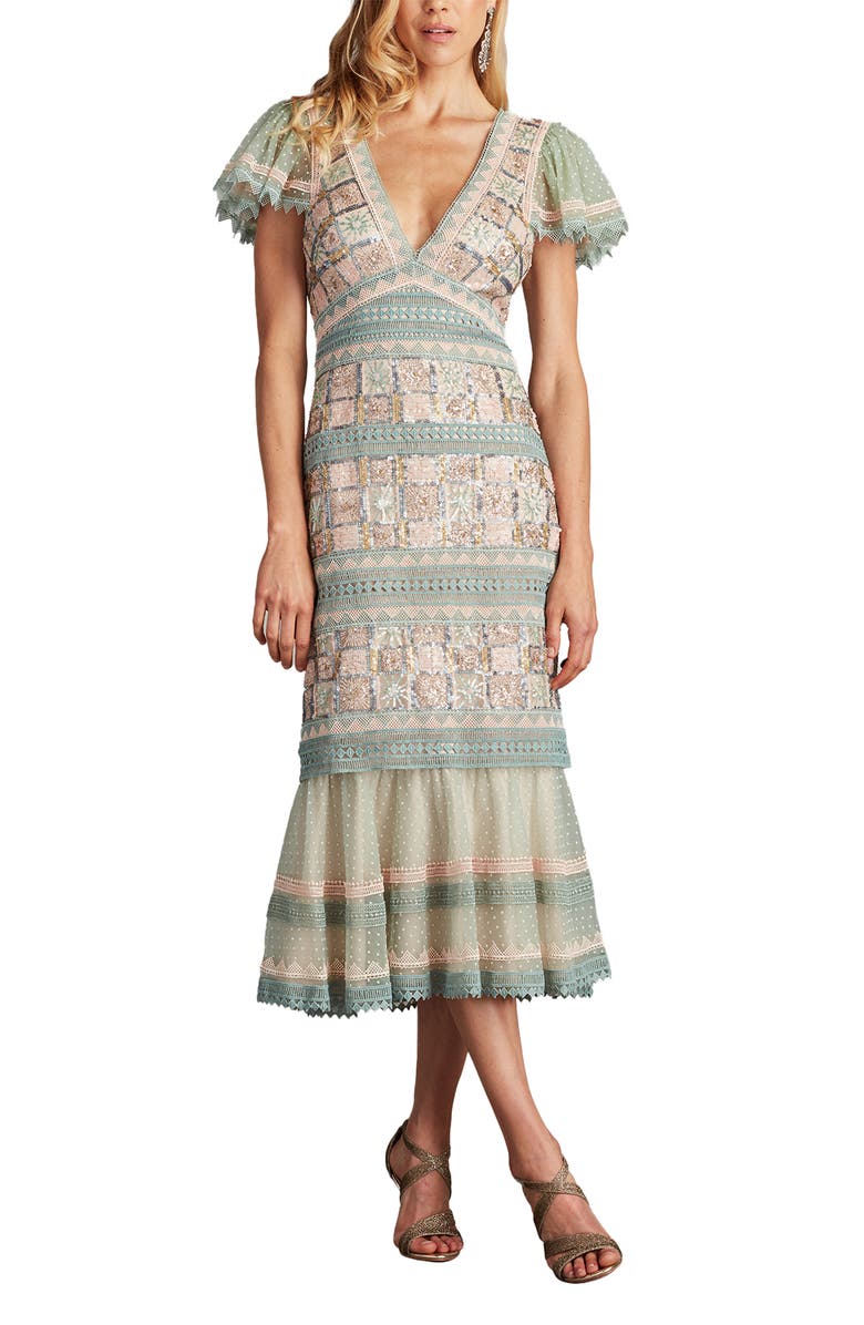 Tadashi Shoji Belle Sequin & Lace Detail Cocktail Midi Dress, Main, color, Sage/ Adobe Blush Multi