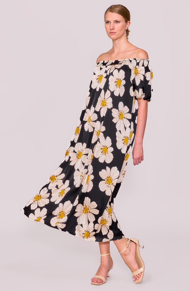 MELLODAY Floral Off the Shoulder Puff Sleeve Satin Dress, Alternate, color, Black Multi