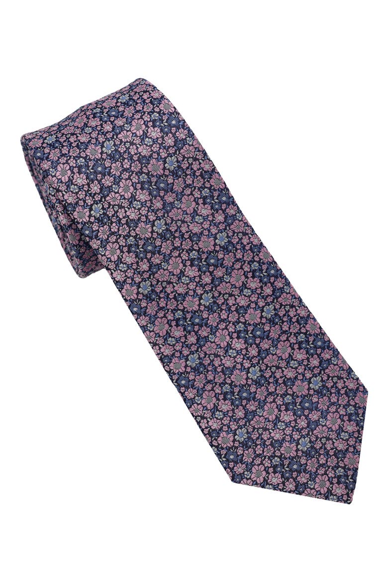 Micro Floral Slim Tie, Main, color, NAVY/ PINK