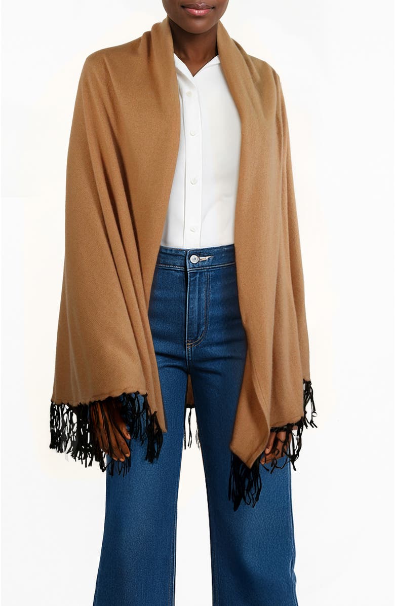 Portolano Cashmere shawl with leather fringes, Main, color, Camel