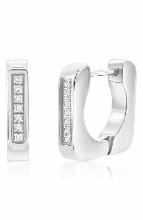 Metallo Men's U-Shaped Cubic Zirconia Huggie Hoop Earrings