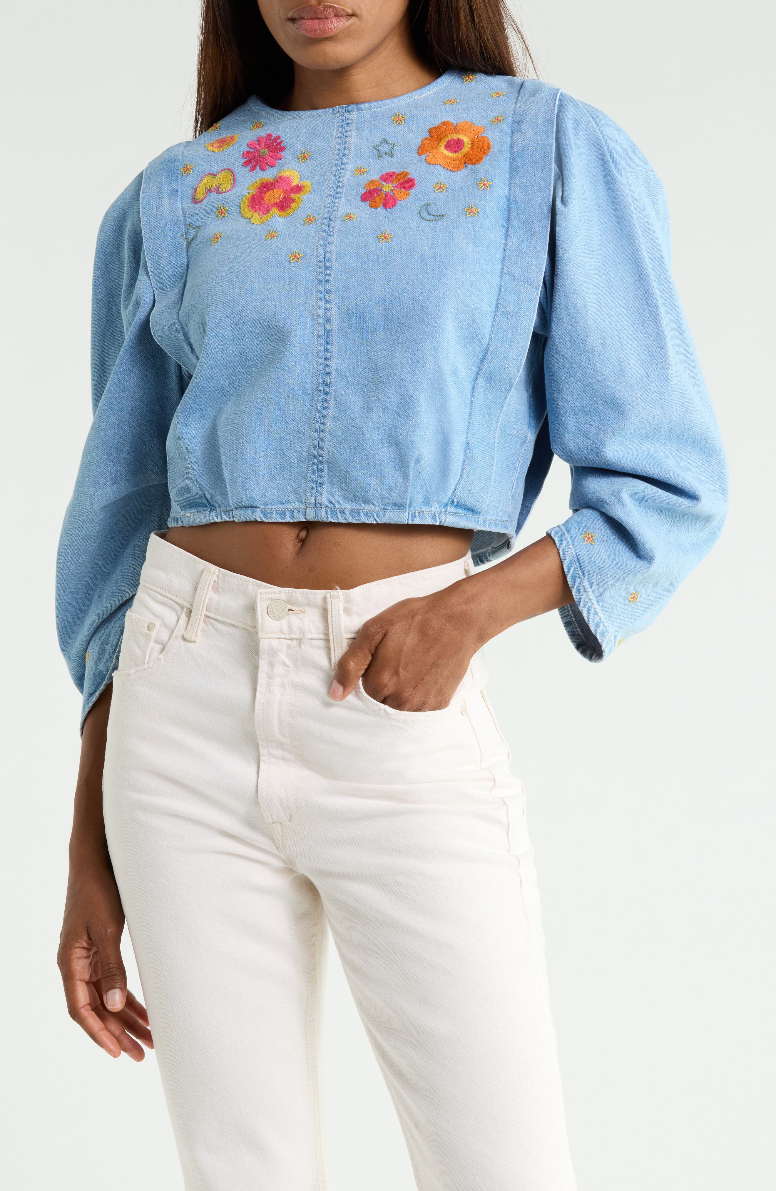 The Heyday Embroidered Puff Sleeve Denim Top