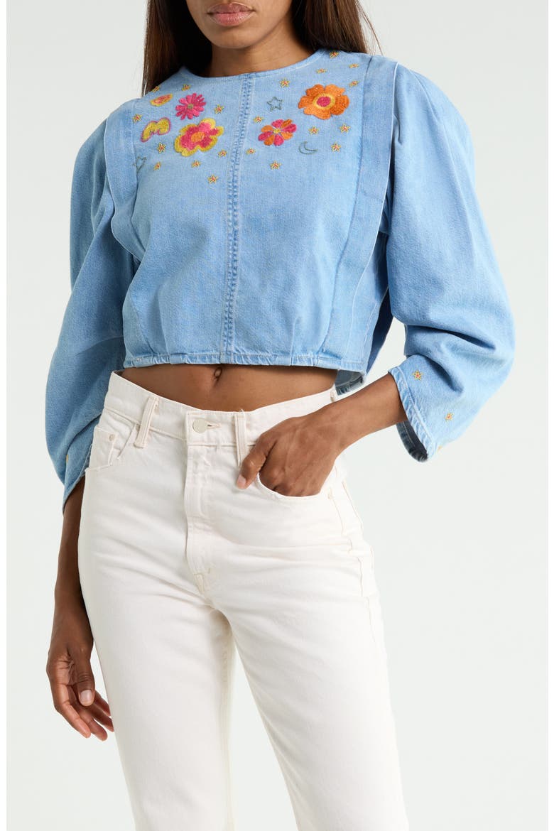 The Heyday Embroidered Puff Sleeve Denim Top, Main, color, GARAGE SALE GOODIES