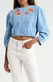 MOTHER The Heyday Embroidered Puff Sleeve Denim Top