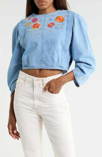 The Heyday Embroidered Puff Sleeve Denim Top