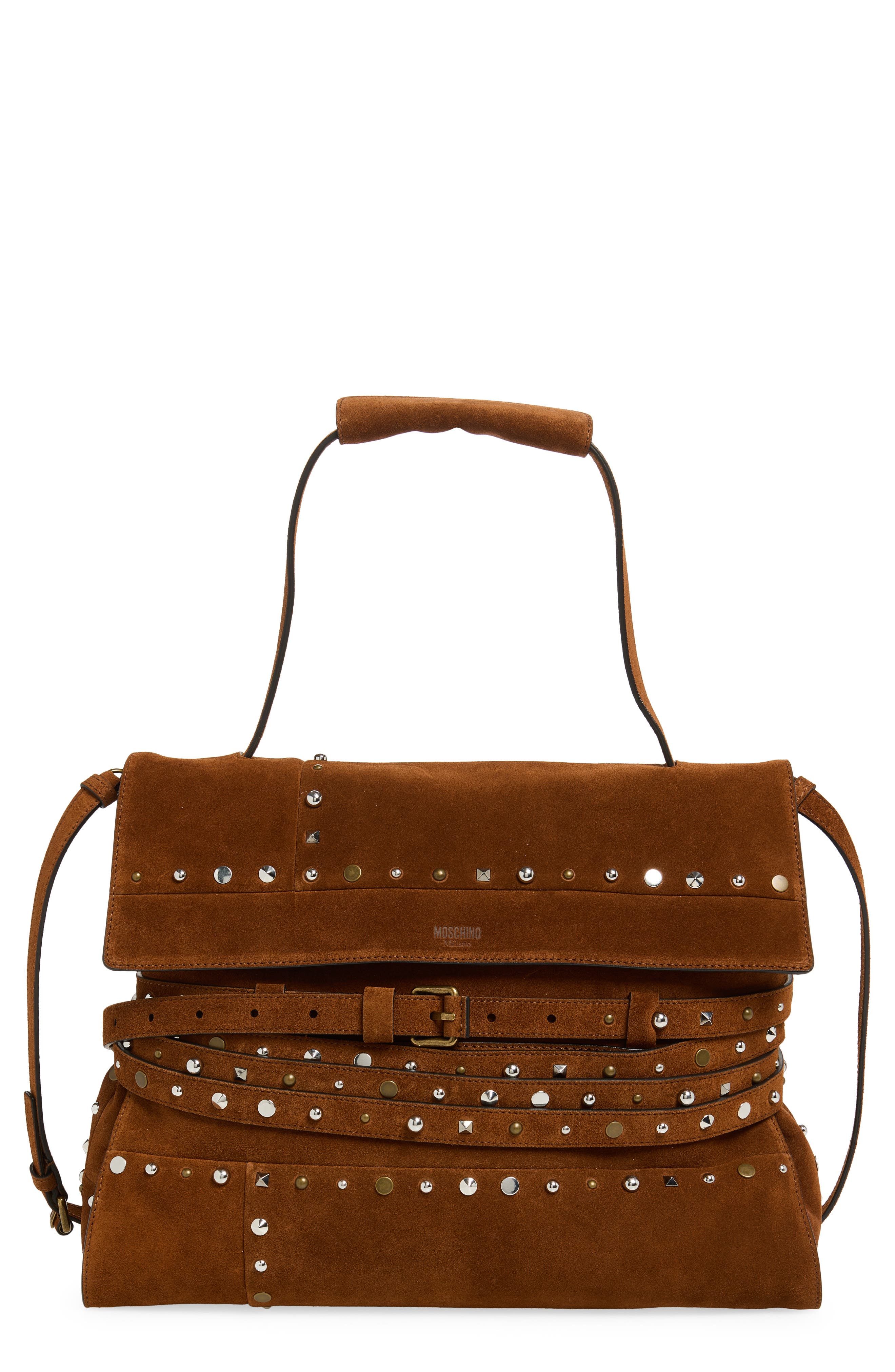 Moschino Tie Me Studded Suede Shoulder Bag, Main, color, Brown