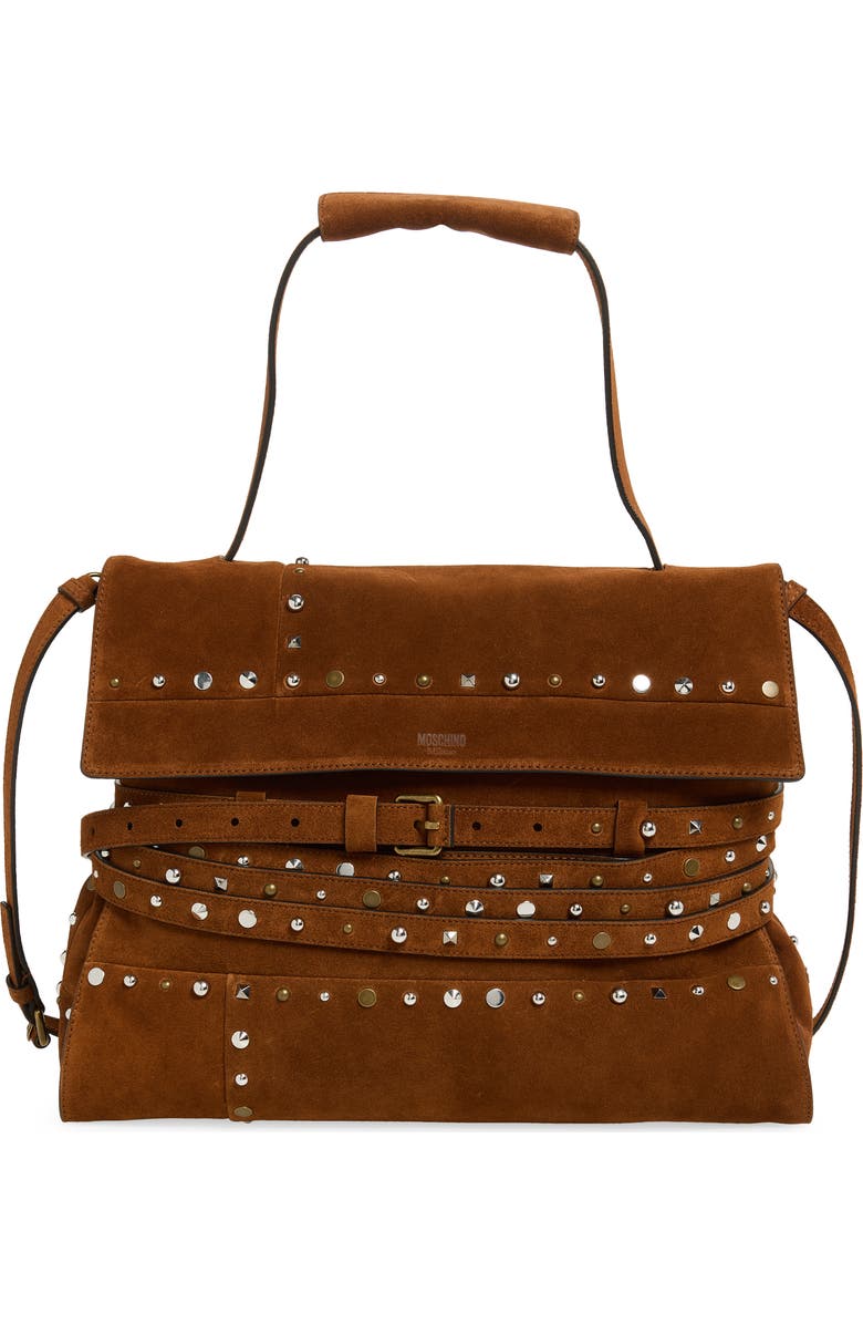 Moschino Tie Me Studded Suede Shoulder Bag, Main, color, Brown