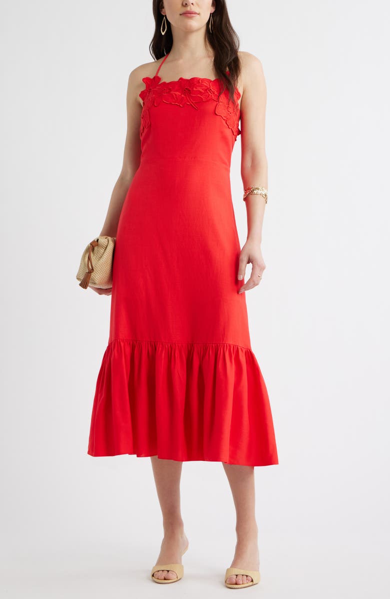Chelsea28 Appliqué Tiered Halter Midi Dress, Alternate, color, Red