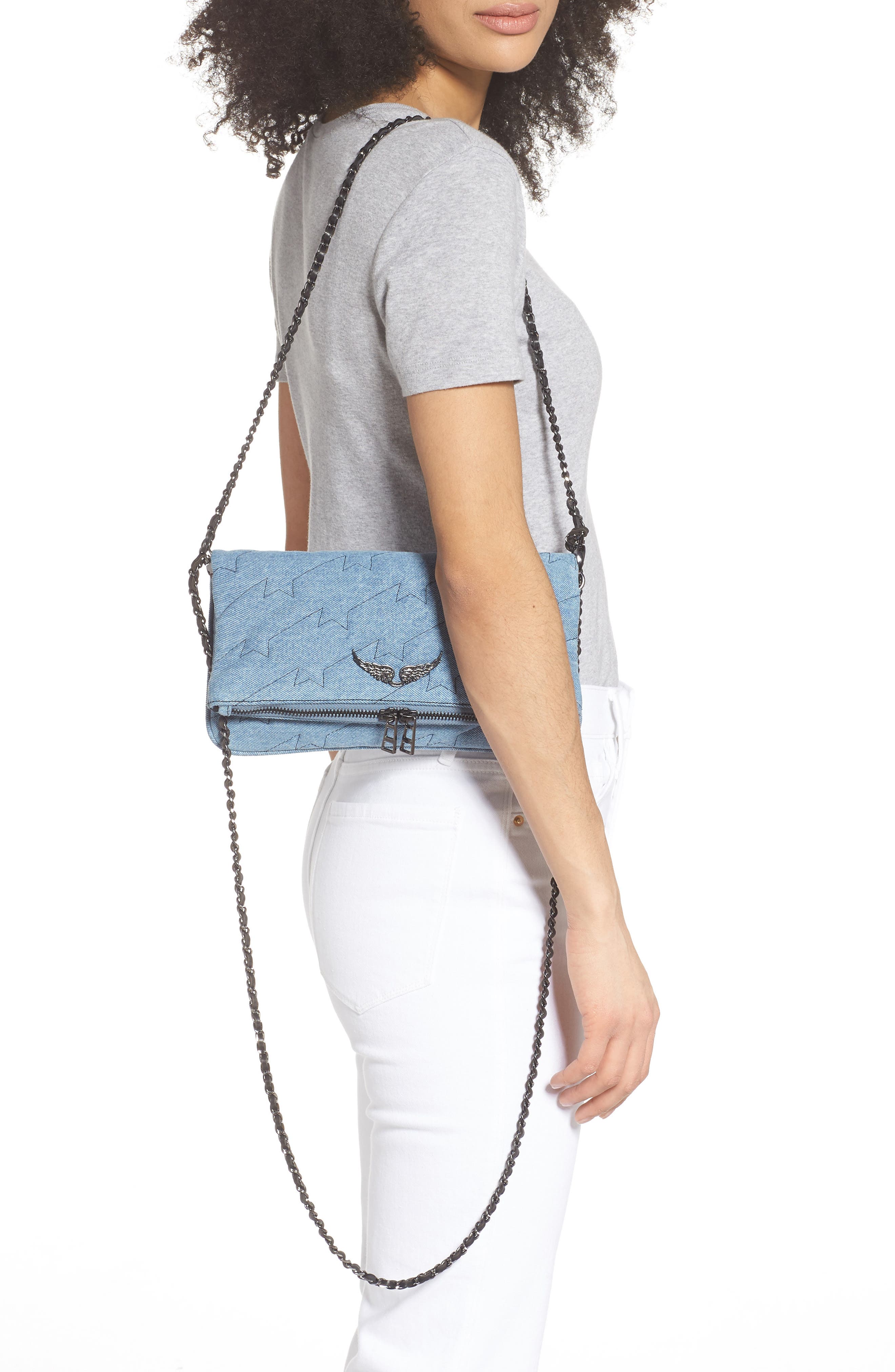 Zadig & Voltaire Small Rocky Quilted Denim Shoulder Bag, Alternate, color, 