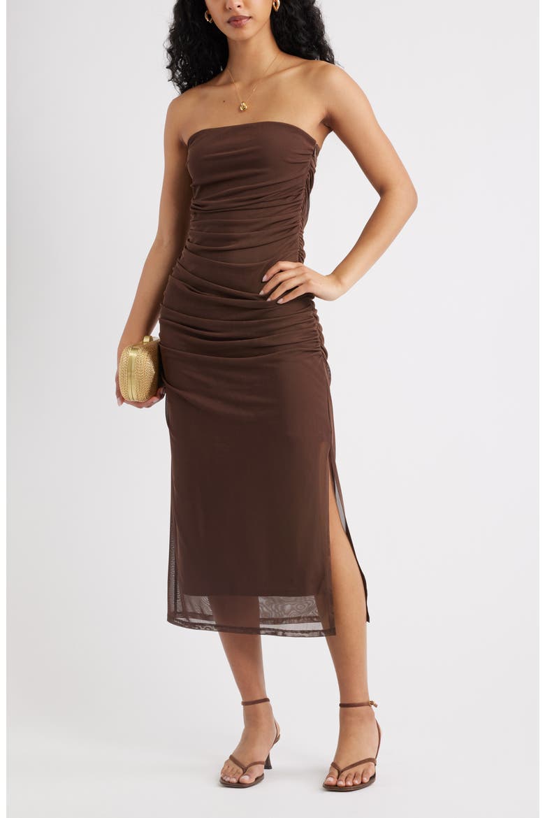Ruched Strapless Mesh Dress, Alternate, color, BROWN TERRA