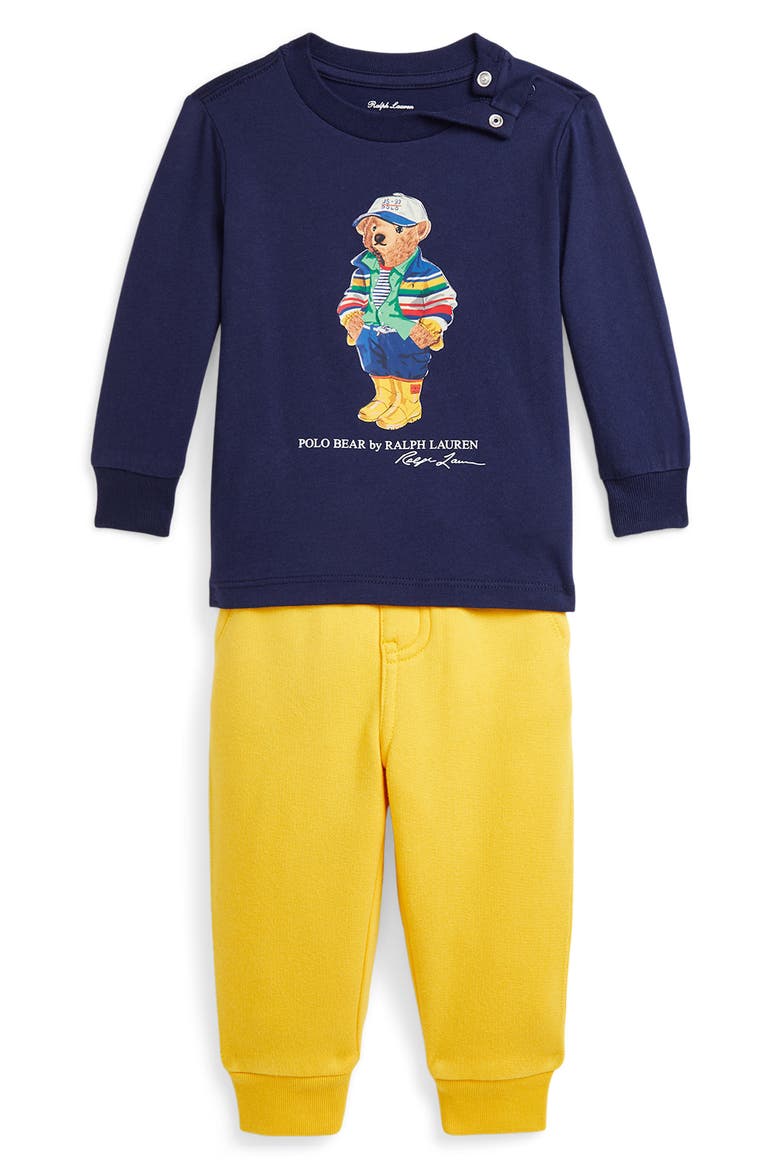 Polo Bear Long Sleeve Cotton Graphic T-Shirt & Joggers Set, Main, color, NEWPORT NAVY/ CANARY YELLOW