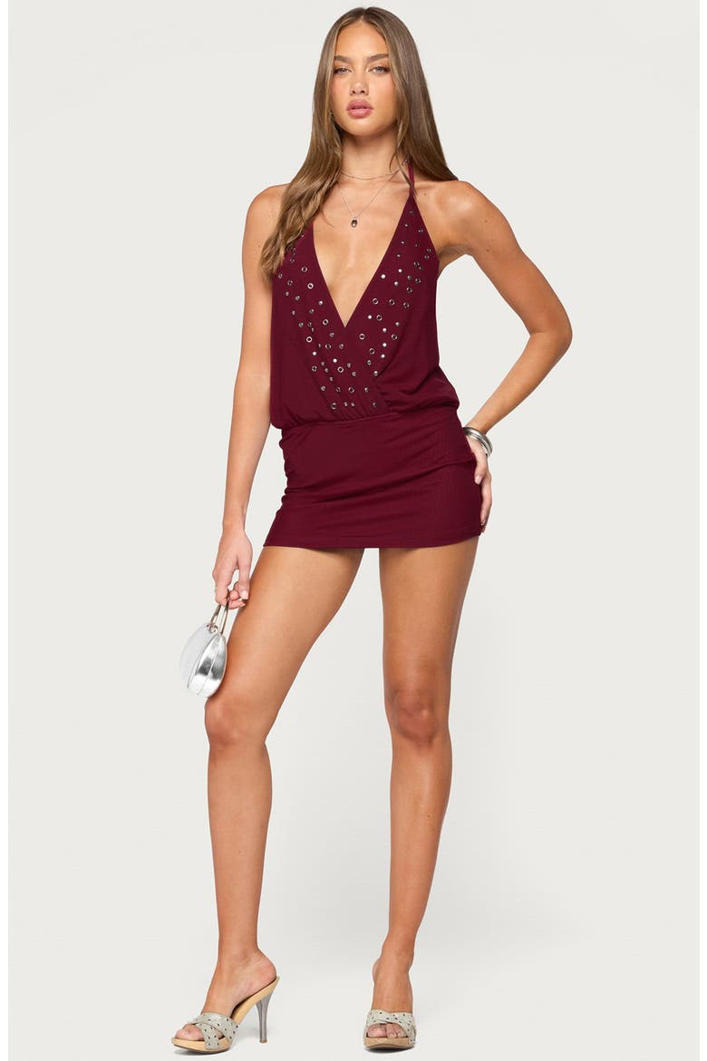 Maela Stud & Grommet Halter Minidress, Alternate, color, BURGUNDY