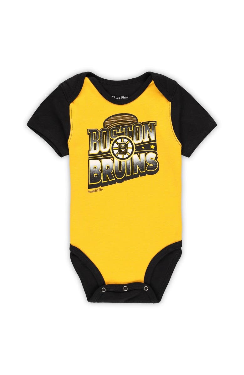 Mitchell & Ness Infant Mitchell & Ness Gold/Black Boston Bruins Big Score 3-Pack Bodysuit, Bib and Bootie Set, Alternate, color, Gold
