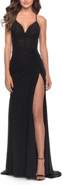 La Femme Net Jersey Ruched Prom Dress with Illusion Bodice