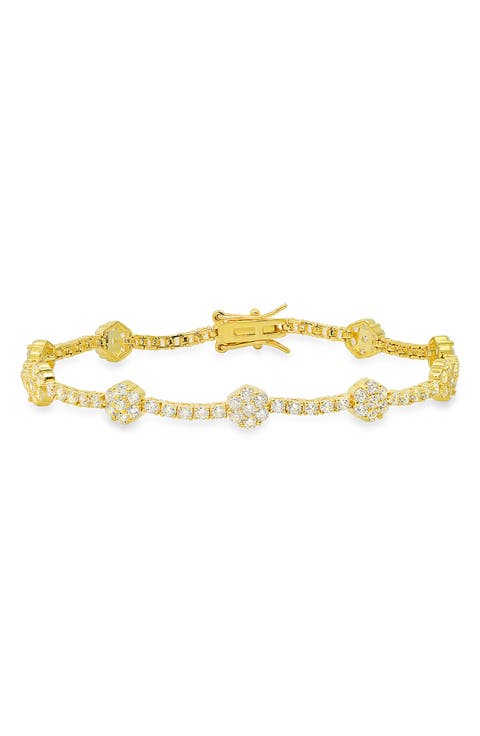 Sterling Silver CZ Floral Station Chain Bracelet