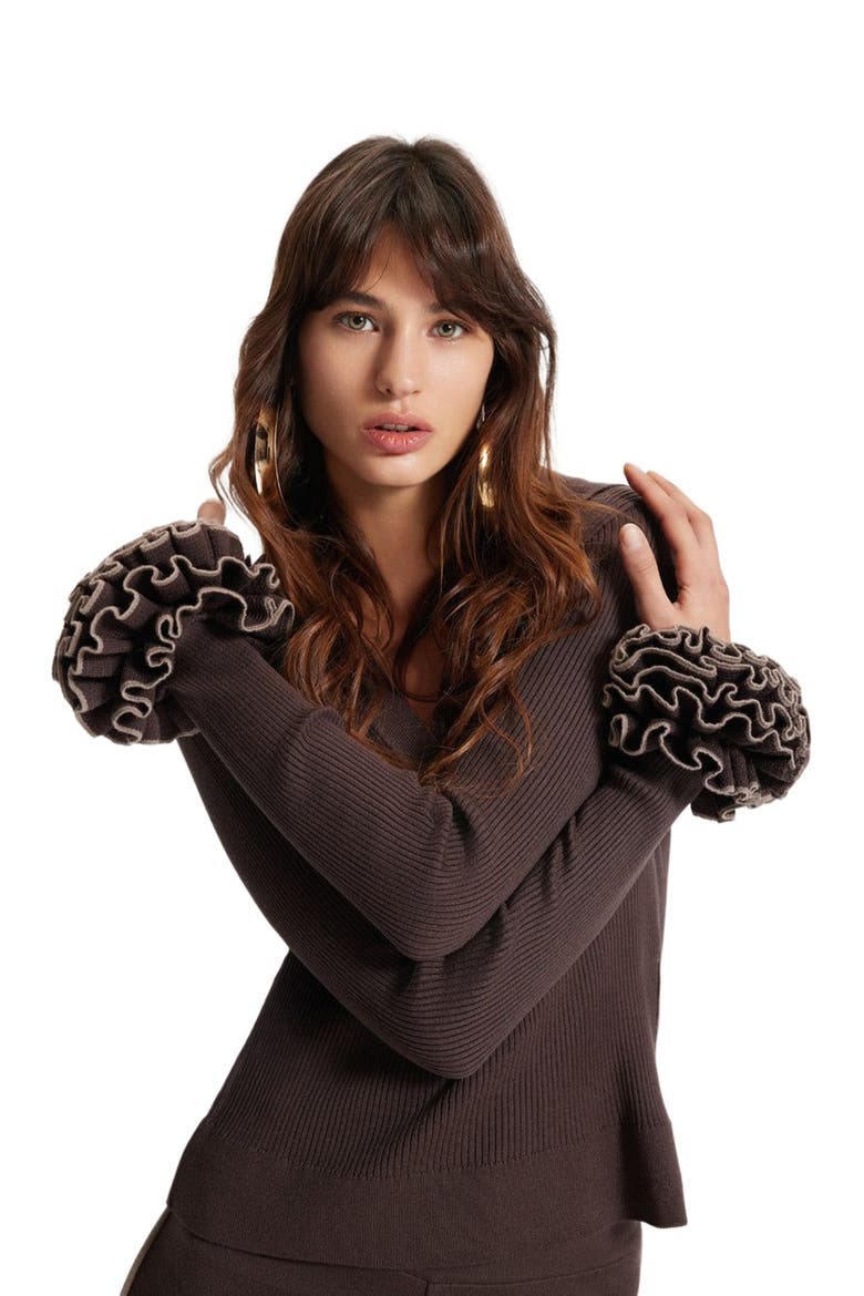 Nomia Ruffle Sleeve Johnny Sweater, Alternate, color, Koffee/Wheat