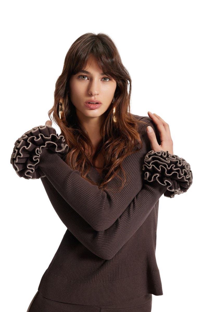 THEO The Label Nomia Ruffle Sleeve Johnny Sweater, Alternate, color, Koffee/Wheat
