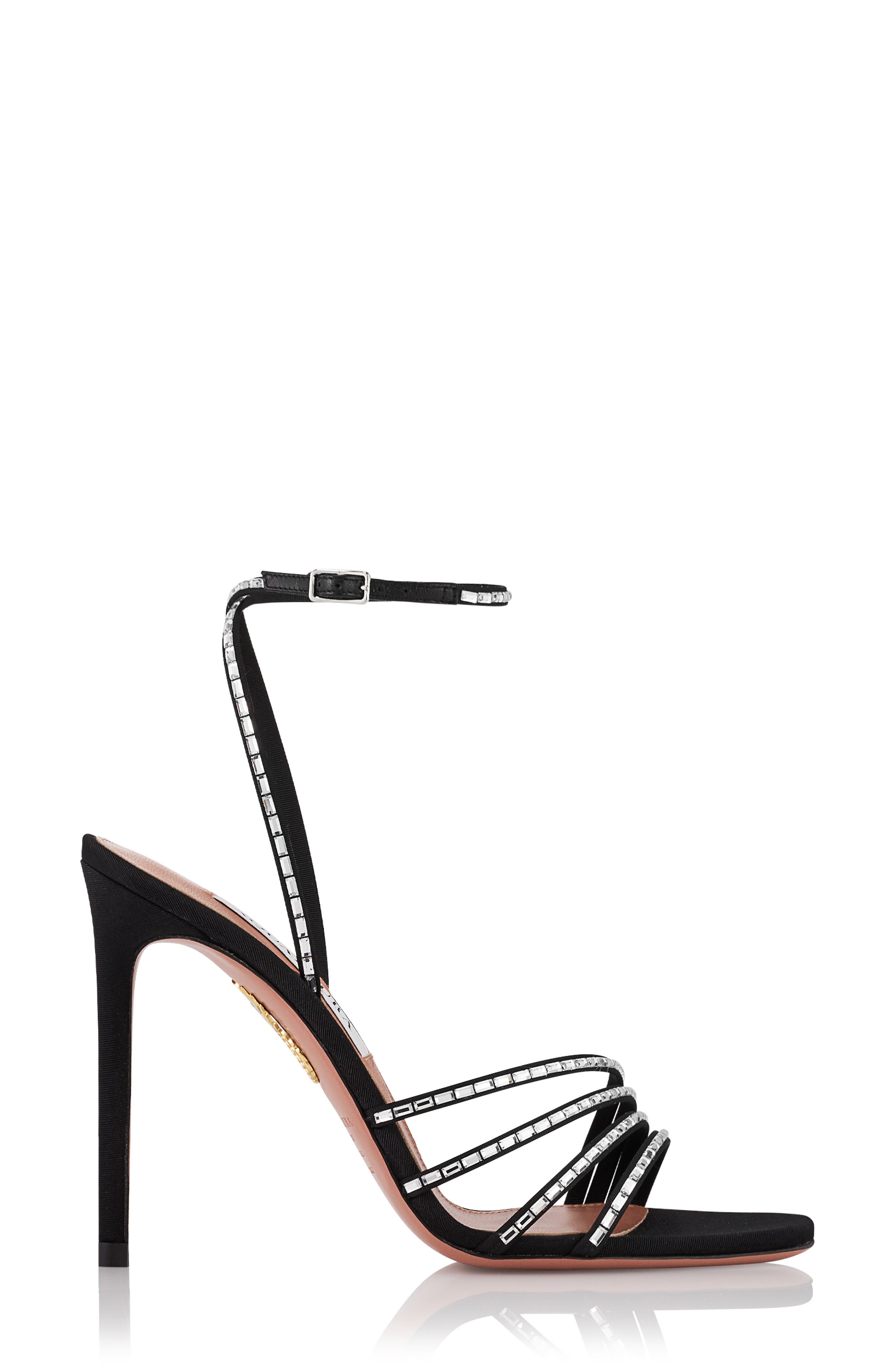 Aquazzura Mistica Crystal Embellished Ankle Strap Sandal, Alternate, color, Black