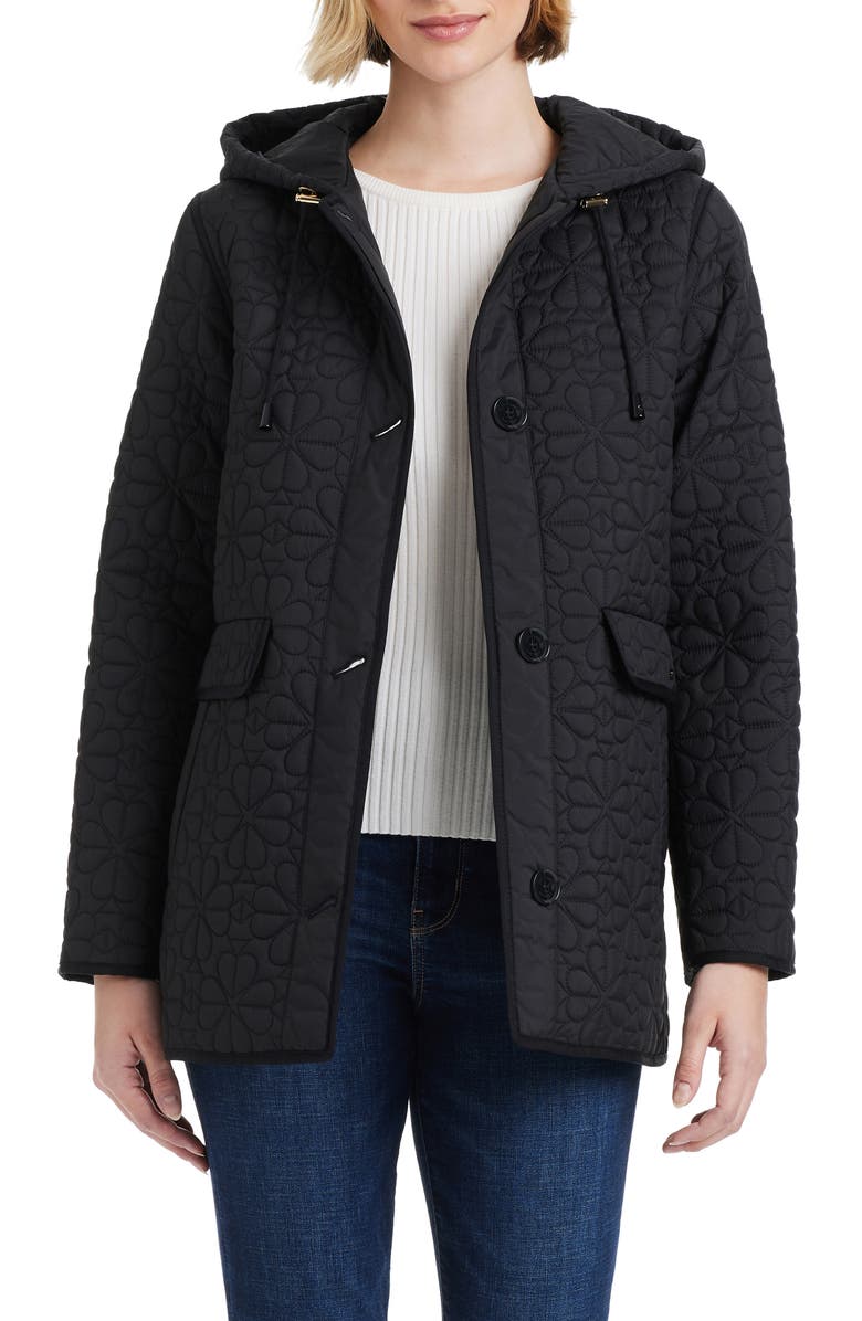 Kate Spade New York spade floral quilted a-line jacket, Main, color, Black
