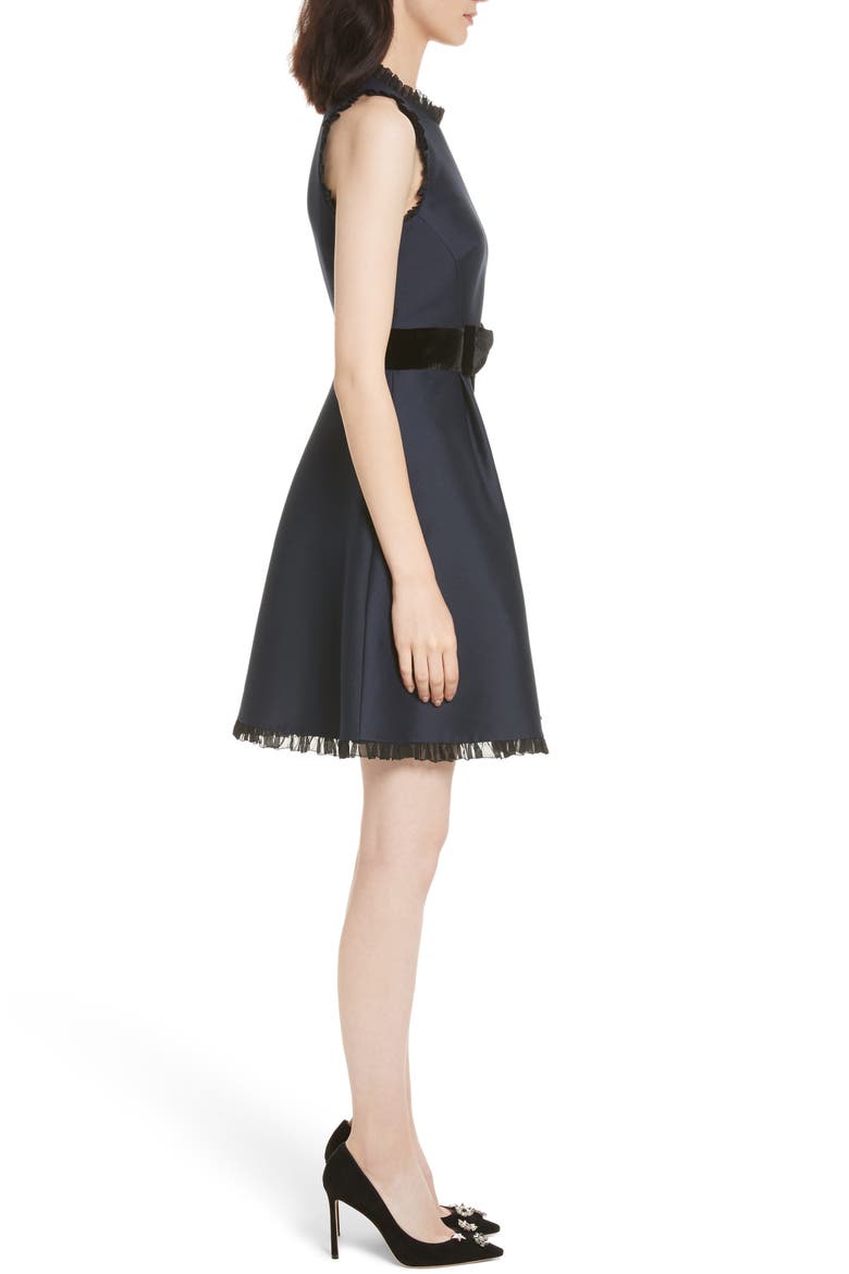 velvet bow fit & flare dress, Alternate, color, RICH NAVY