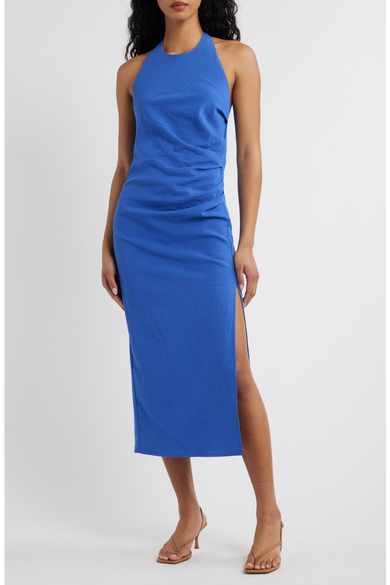 blue halter neck dress Taila Halterneck Midi - Floral BABARONI BABARONI Chiffon Royal Blue