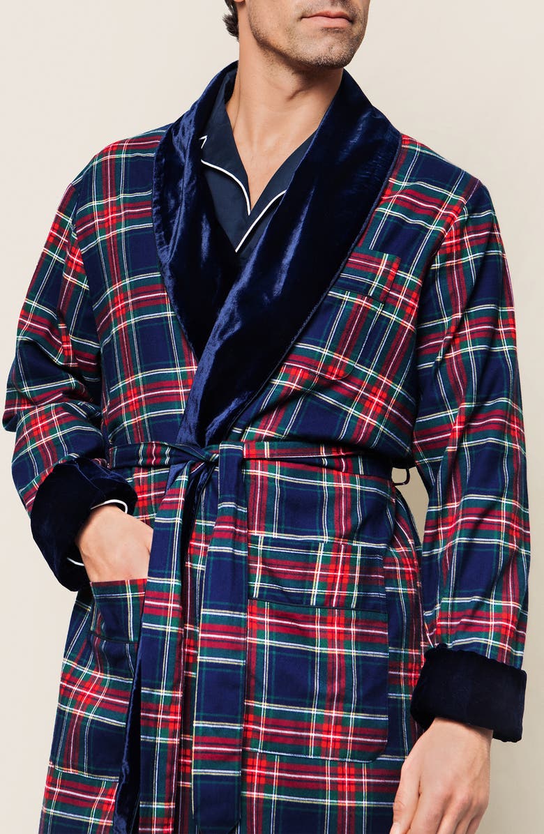 Petite Plume Windsor Plaid Cotton Flannel Robe with Velvet Shawl Collar, Alternate, color, Navy