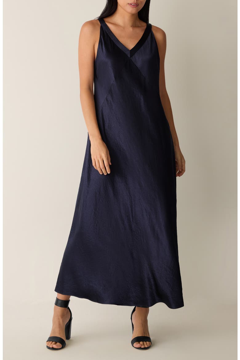 V-Neck Crinkled Satin Midi Dress, Main, color, INK