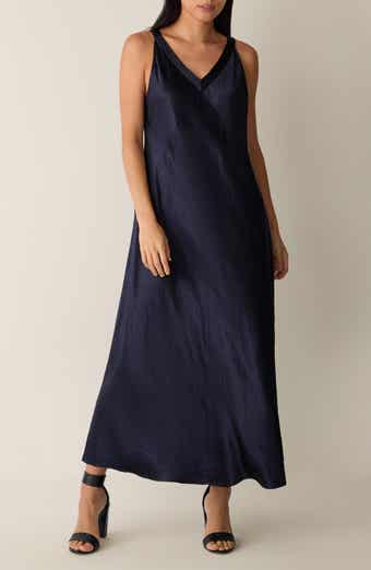 Eileen Fisher V-Neck Crinkled Satin Midi Dress