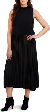 London Times Button Pleated Skirt A-Line Dress