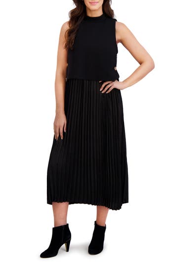 London Times Button Pleated Skirt A-line Dress In Black