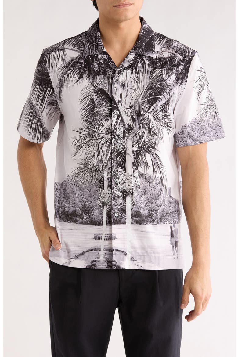 Cole OoohCotton® Woven Print Short Sleeve Button-Up Shirt, Main, color, PLATINUM