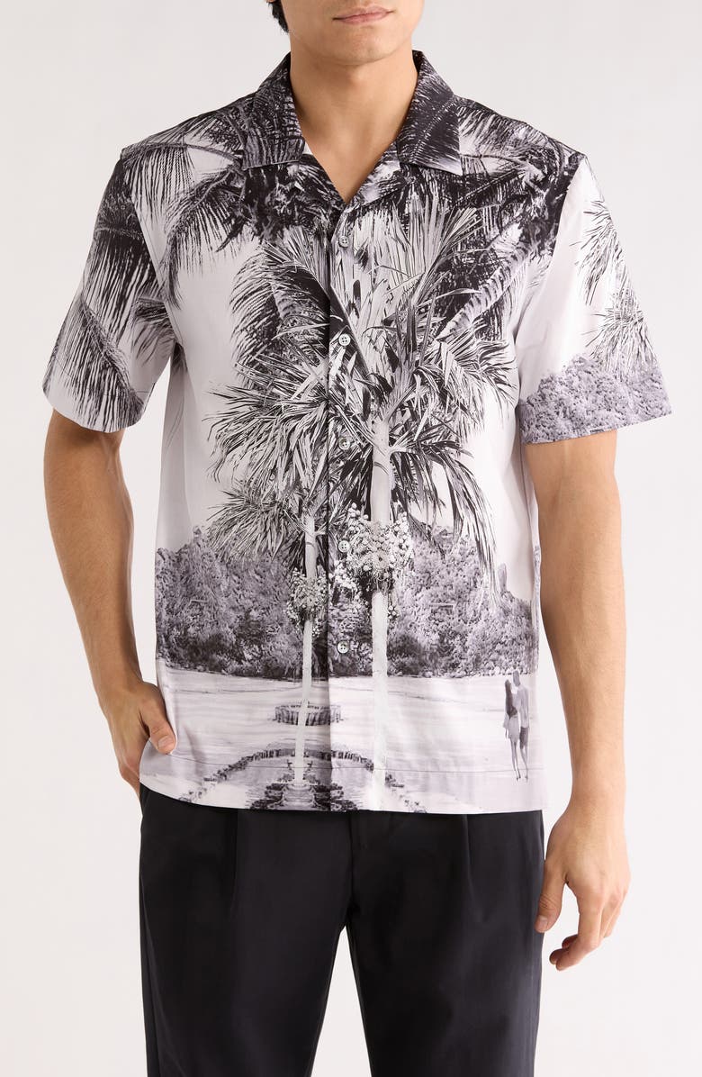 Bugatchi Cole OoohCotton<sup>®</sup> Woven Print Short Sleeve Button-Up Shirt, Main, color, Platinum