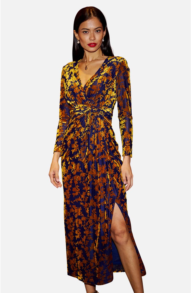 Yumi Velour Stretch Midi Dress, Main, color, Gold