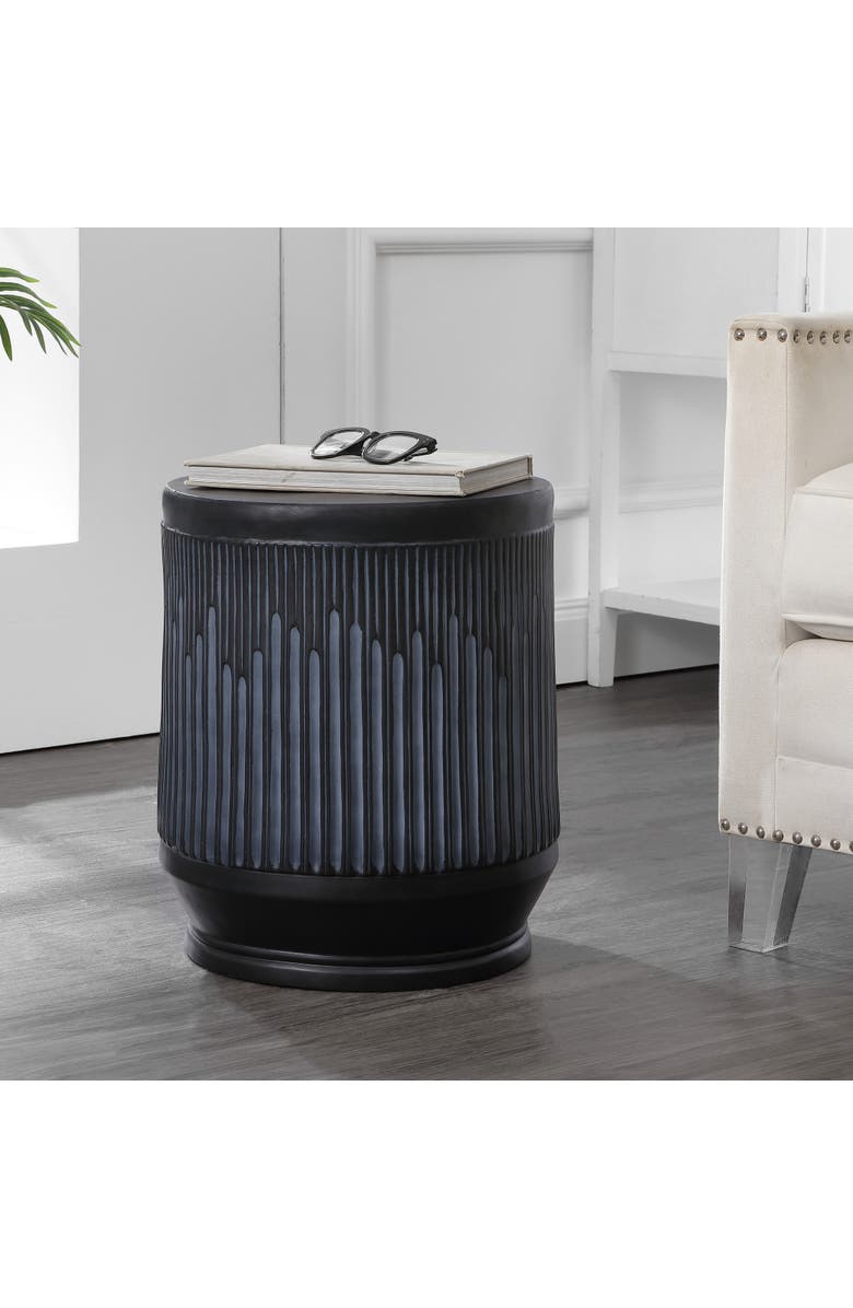 JONATHAN Y Kline Modern Ribbed UV-Resistant Resin Outdoor Accent Table, All-Weather Patio Drum Side Table Garden Stool, Main, color, Washed Black