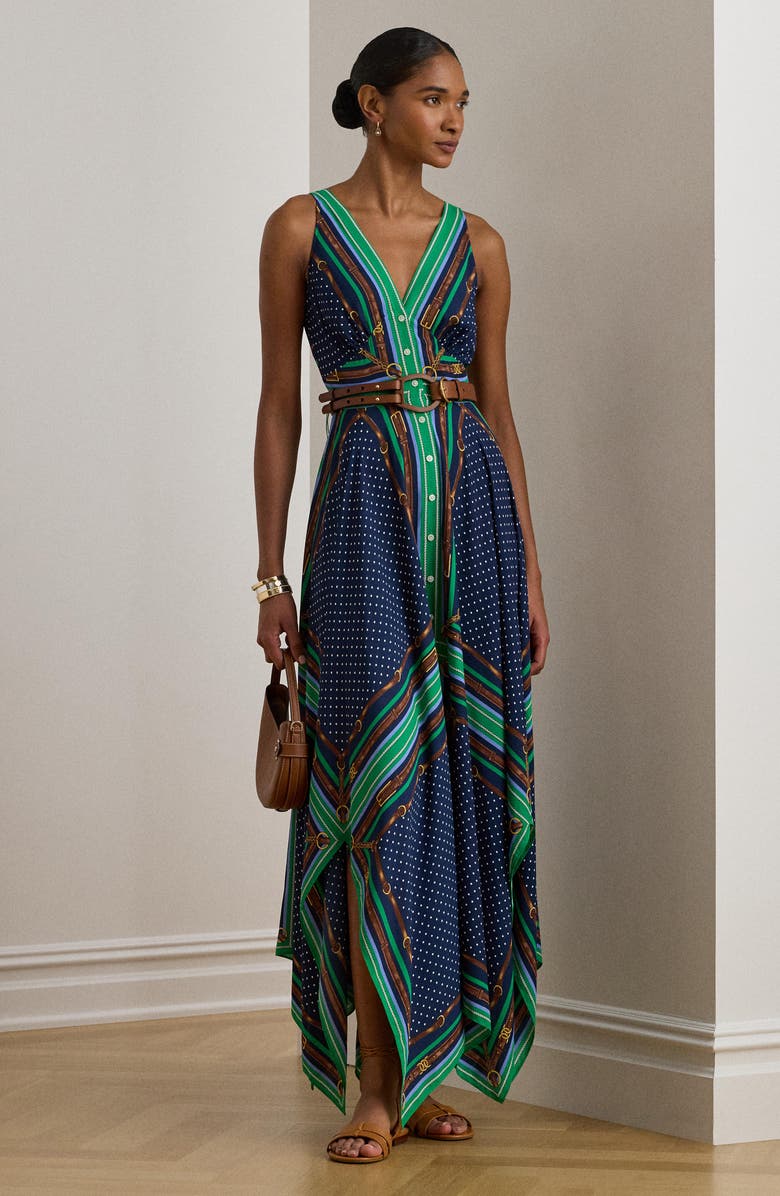 Lauren Ralph Lauren Mixed Print Handkerchief Hem Georgette Maxi Dress, Alternate, color, Blue Multi