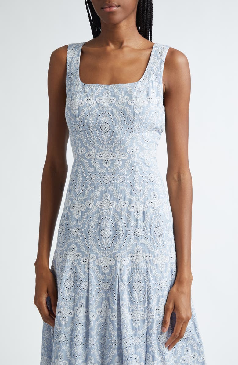 Veronica Beard Jolie Eyelet Sleeveless Cotton Dress, Alternate, color, Blue/ Ecru